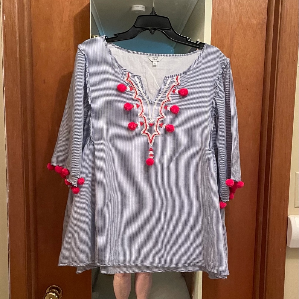 Crown & Ivy Trapeze Top with Pom-Pom Trim
